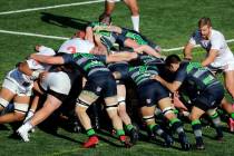 Seattle Seawolves, right, and San Diego Legion players square off in a scrum Sunday, April 22, ...