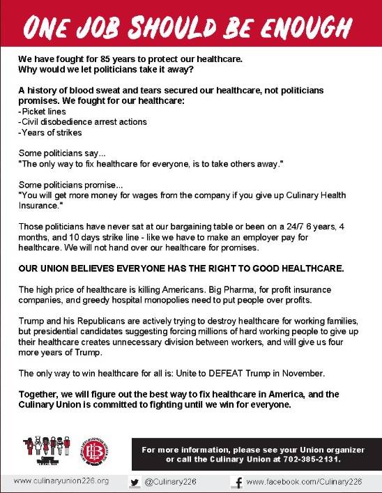A flier circulated by Culinary Union Local 226 seems to attack the Medicare for All policy advo ...