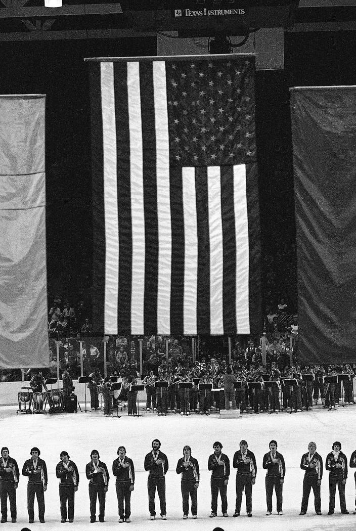 FILE --In this Feb. 24, 1980 file photo, members of the 1980 USA Olympic ice hockey team stand ...