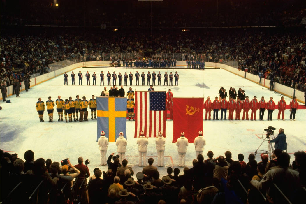 FILE --In this Feb. 24, 1980 file photo, U.S., Swedish, and Soviet teams line up to receive the ...