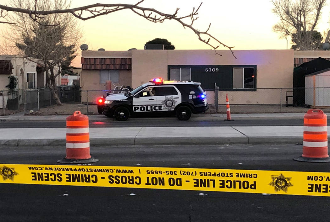 Police investigate a shooting near Cheyenne Avenue and Michael Way on Saturday, Feb. 8, 2019. ( ...