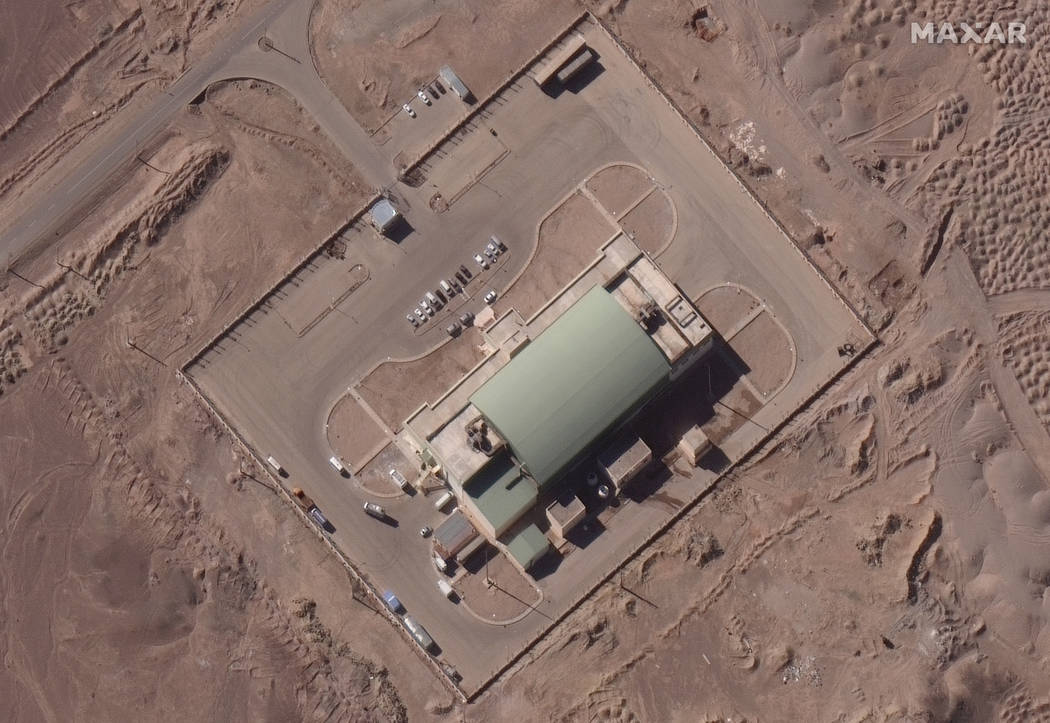 This Feb. 4, 2020 satellite image from Maxar Technologies, shows activity at the Imam Khomeini ...