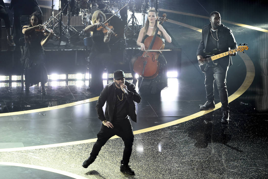 Eminem performs "Lose Yourself" at the Oscars on Sunday, Feb. 9, 2020, at the Dolby T ...