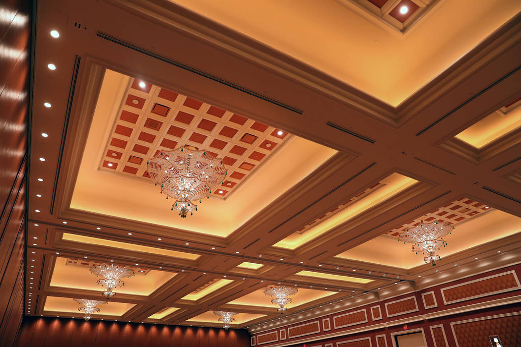 Chandeliers hang in the Pillar-less Ballroom at the Wynn Las Vegas Conference Center on Monday, ...