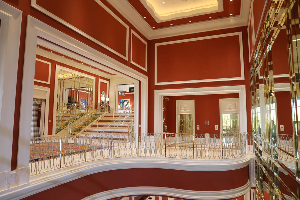 A hallway connecting the second and first floor of the Wynn Las Vegas Conference Center is seen ...