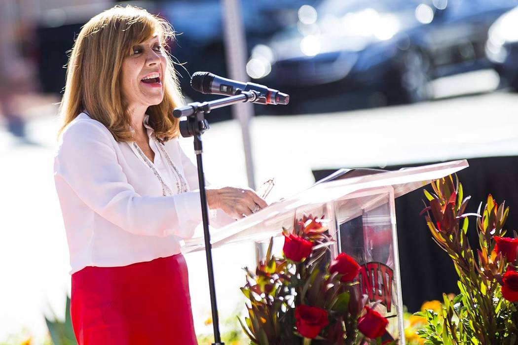 Marta Meana, UNLV acting president, speaks during a ribbon cutting ceremony for the Fertitta Fo ...