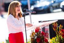 Marta Meana, UNLV acting president, speaks during a ribbon cutting ceremony for the Fertitta Fo ...