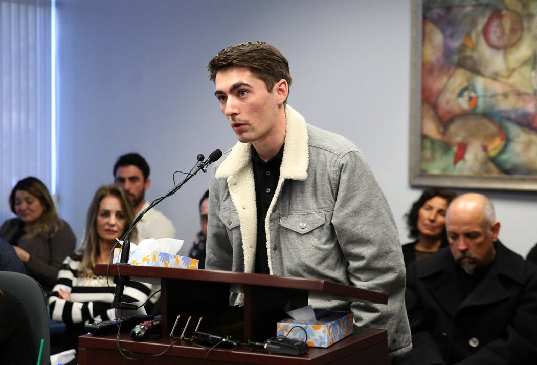 Luis Campos Jr., 21, son of 45-year-old Luis Campos, speaks to parole board opposing an early r ...