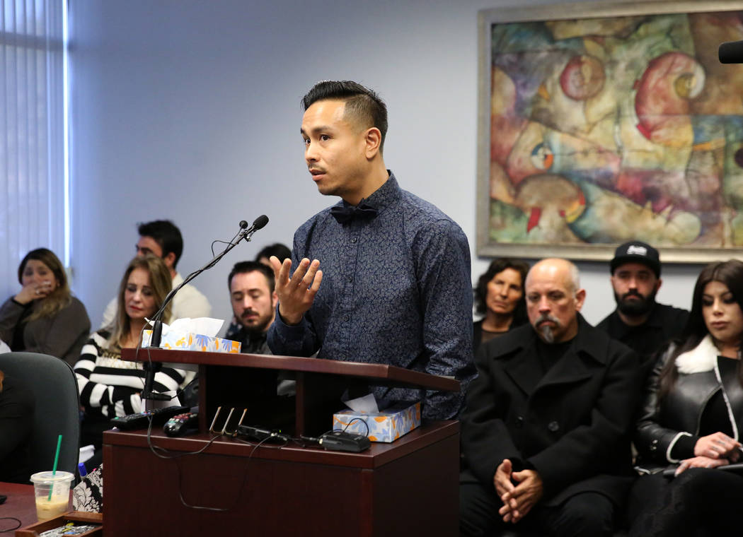 Long Chau, 30, who was shot and injured by James Beach, speaks to parole board opposing an ear ...