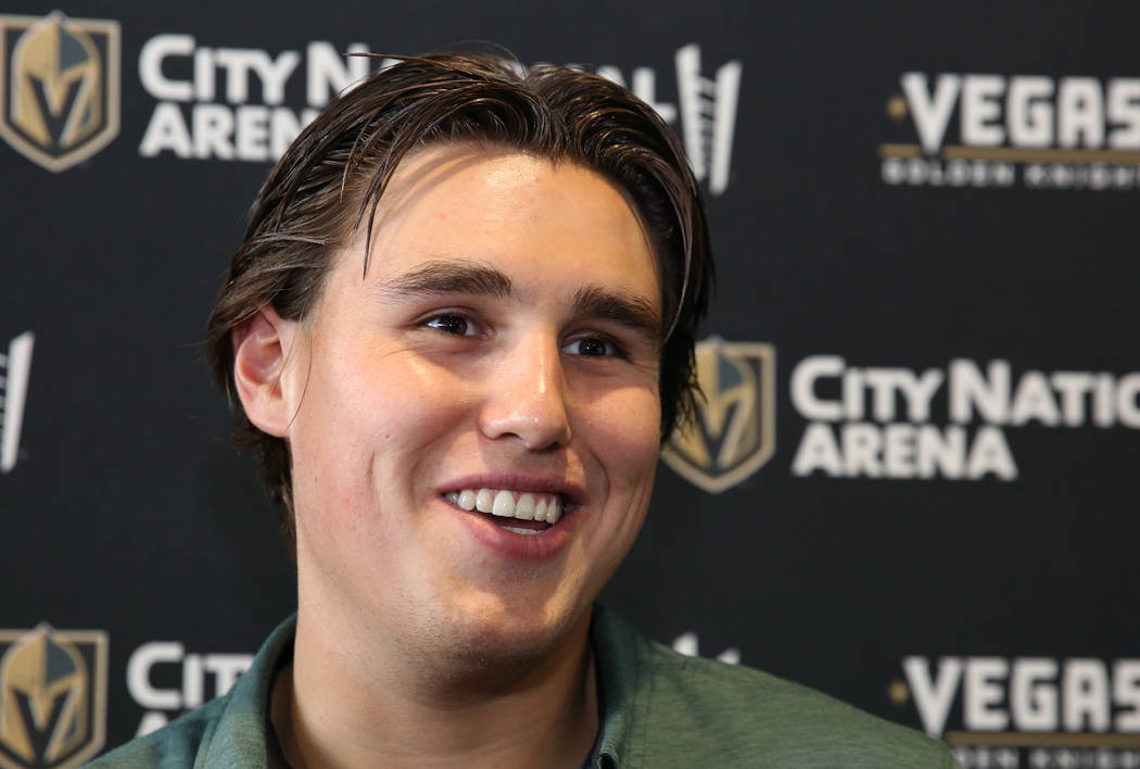 Golden Knights’ rookie defenseman Zach Whitecloud smiles as he speaks to the media at Ci ...