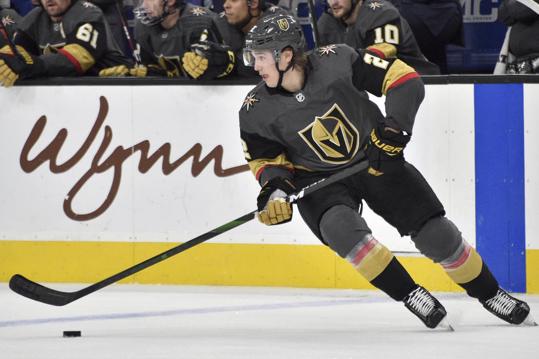 Vegas Golden Knights defenseman Zach Whitecloud (2) skates against the Carolina Hurricanes duri ...