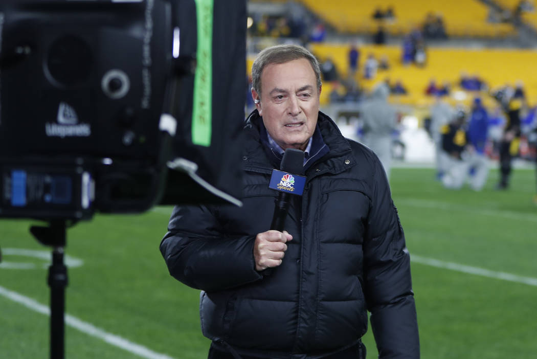 NBC Sports Reporter Al Michaels reports from the sidelines during warmups before an NFL game be ...