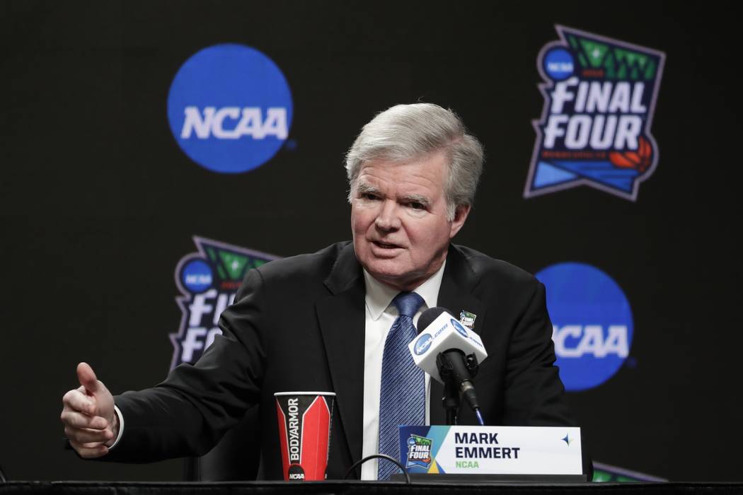 FILE - In this April 4, 2019, file photo, NCAA President Mark Emmert answers questions at a new ...