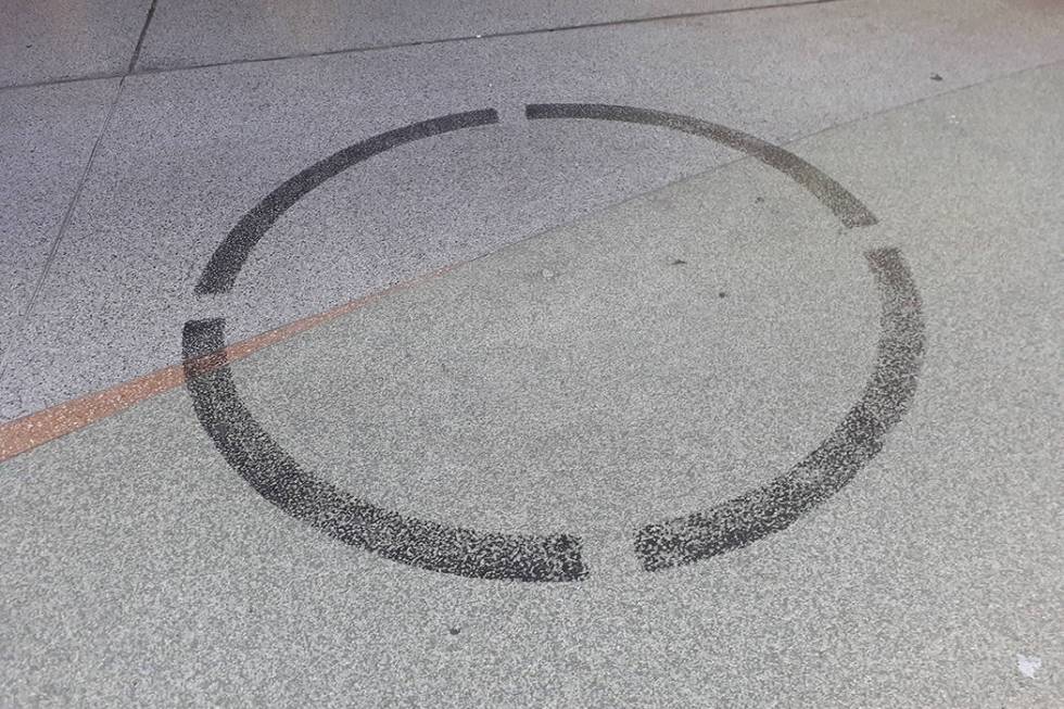 An unoccupied busker spot Wednesday, Feb. 12, 2020, on the Fremont Street Experience in Las Veg ...