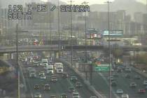 Traffic on southbound Interstate 15 is slowed Thursday, Feb. 13, 2020, after a series of crashe ...