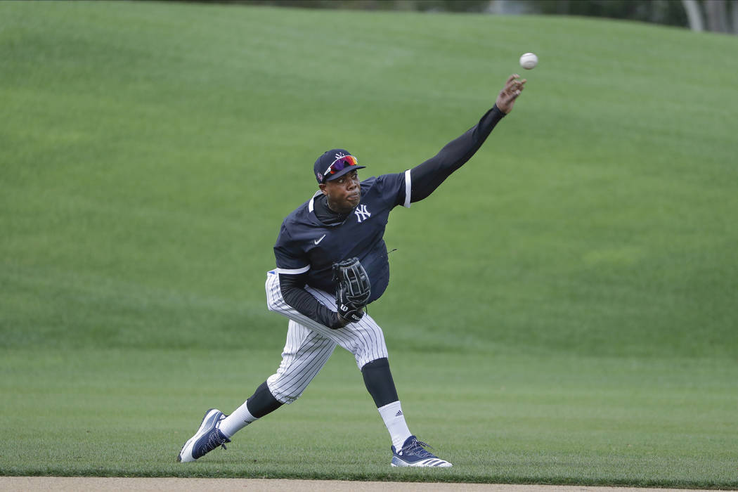 New York Yankees' Aroldis Chapman during a spring training baseball workout Thursday, Feb. 13, ...