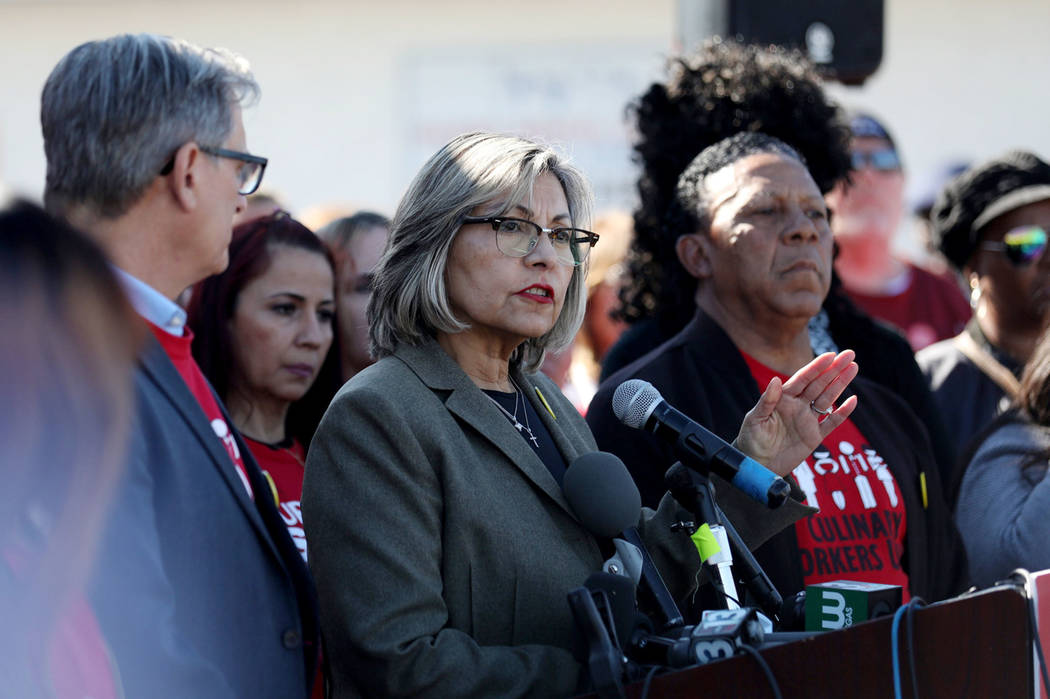 Culinary Union Secretary-Treasurer Geoconda Arguello-Kline speaks during a news conference in L ...