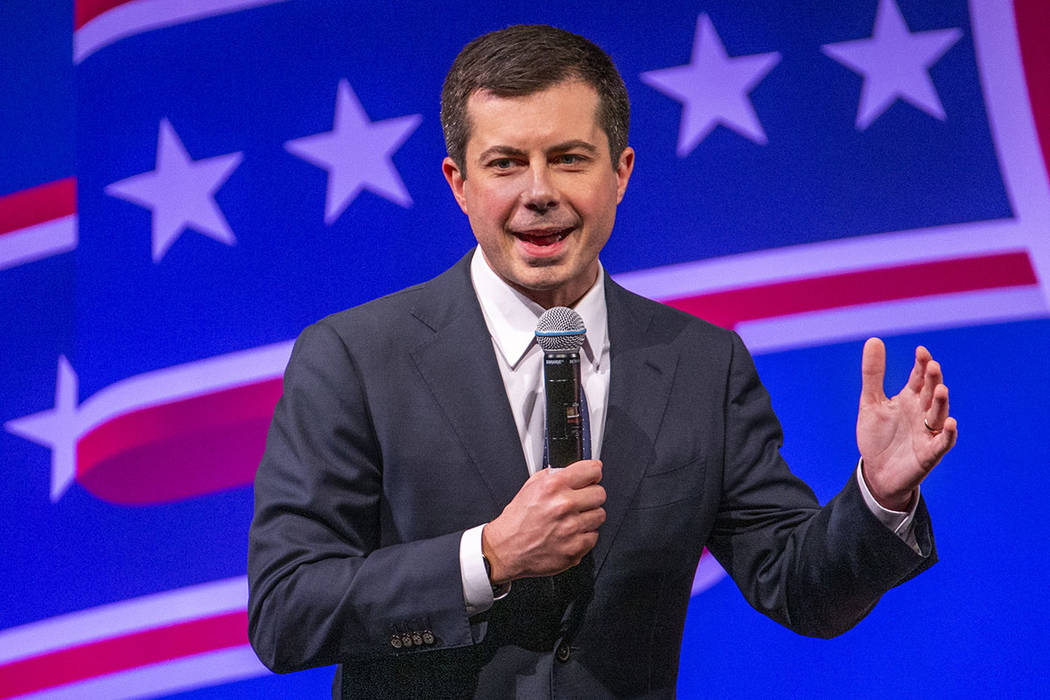 Former South Bend, Ind., Mayor Pete Buttigieg speaks during the League of United Latin American ...