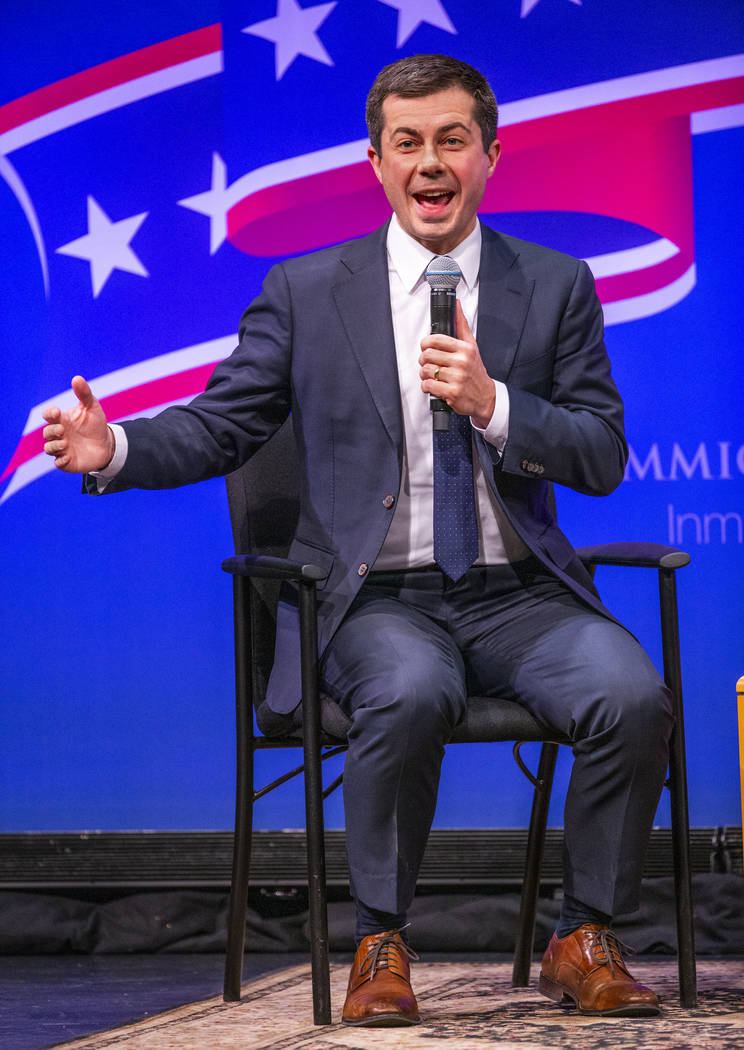 Former South Bend, Ind., Mayor Pete Buttigieg answers questions from the audience during the Le ...