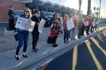 A group of Clark County School District substitute teachers protest ahead of the board meeting ...