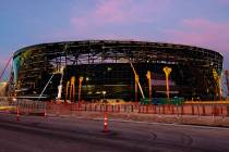 Construction continues at Allegiant Stadium in Las Vegas on Wednesday, Feb. 5, 2020. (Chase Ste ...