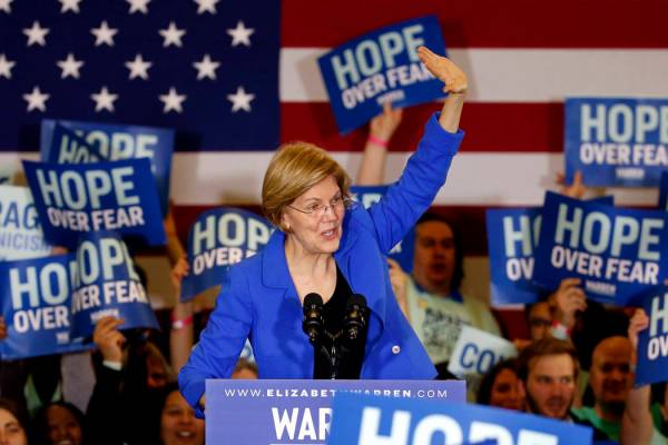 Democratic presidential candidate Sen. Elizabeth Warren, D-Mass., speaks to supporters at a cau ...