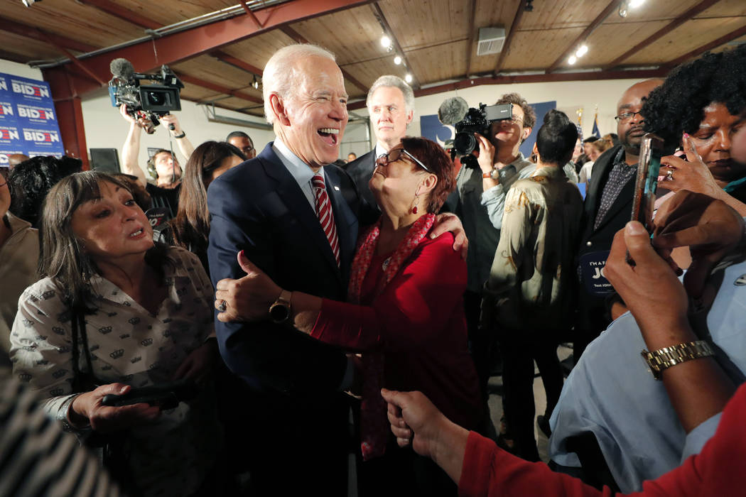 Democratic presidential candidate, former Vice President Joe Biden, greets supporters at a camp ...