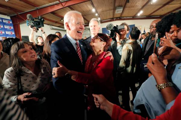 Democratic presidential candidate, former Vice President Joe Biden, greets supporters at a camp ...