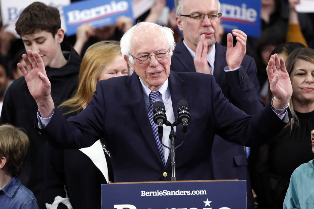 Democratic presidential candidate Sen. Bernie Sanders, I-Vt., speaks to supporters at a primary ...