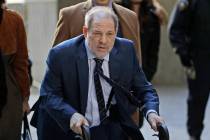 Harvey Weinstein arrives at a Manhattan courthouse for his rape trial in New York, Friday, Feb. ...