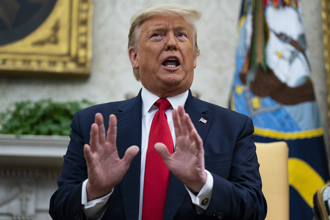 President Donald Trump speaks during a meeting with Ecuadorian President Lenin Moreno in the Ov ...