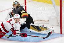 Vegas Golden Knights goaltender Marc-Andre Fleury (29) makes a save against Carolina Hurricanes ...