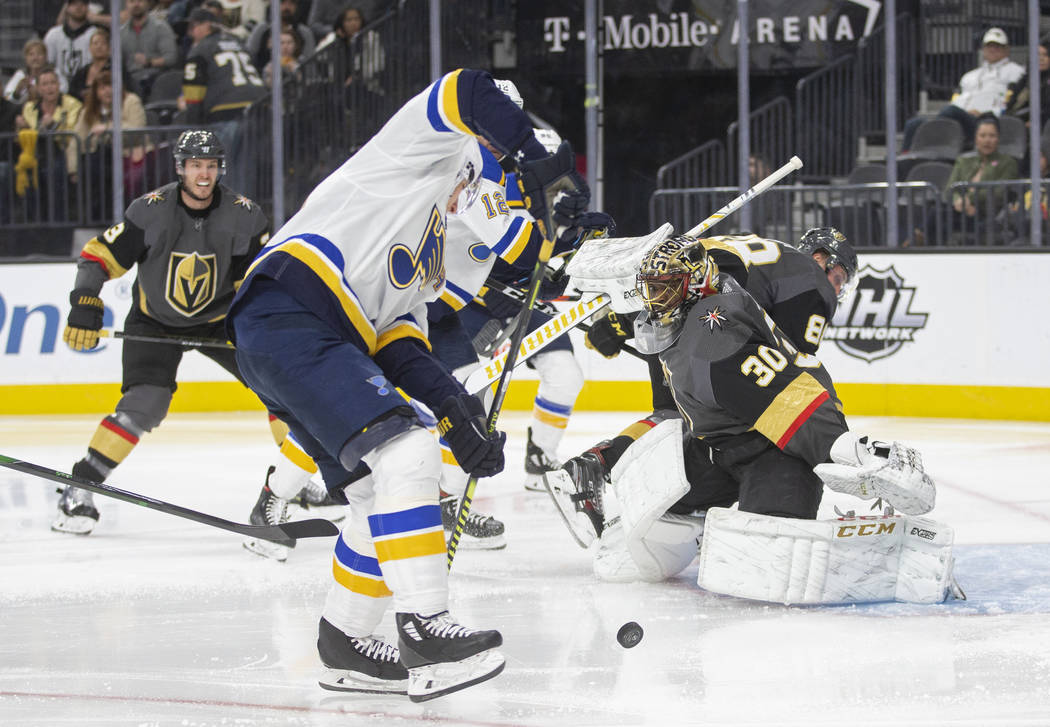 Vegas Golden Knights goaltender Malcolm Subban (30) makes a save against St. Louis Blues left w ...