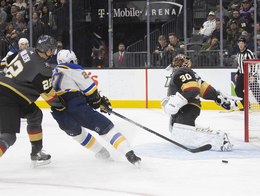 Vegas Golden Knights goaltender Malcolm Subban (30) makes a save against St. Louis Blues left w ...