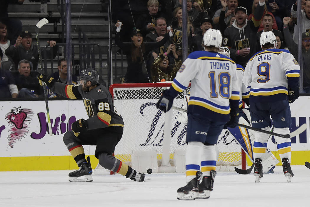 Vegas Golden Knights right wing Alex Tuch (89) celebrates after scoring against the St. Louis B ...