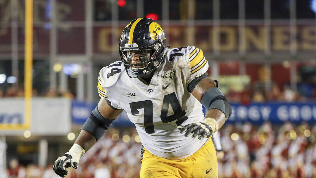 FILE - In this Sept. 14, 2019, file photo, Iowa offensive lineman Tristan Wirfs plays agai ...