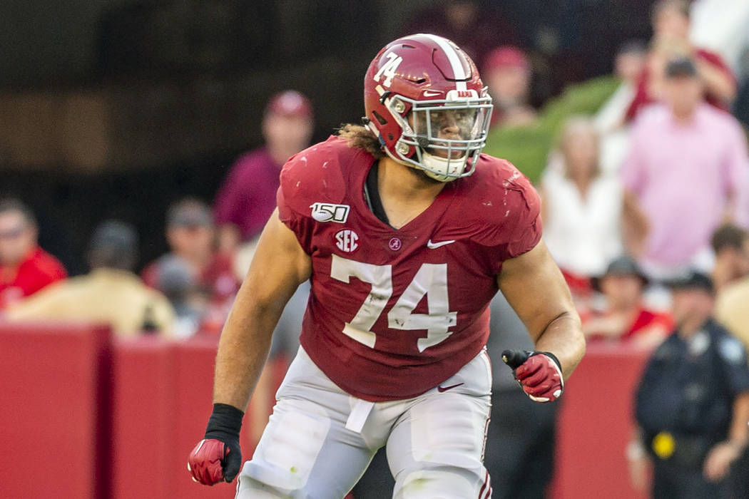 FILE - In this Sept. 28, 2019, file photo, Alabama offensive lineman Jedrick Wills Jr. (74) pla ...