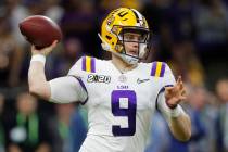 LSU quarterback Joe Burrow passes against Clemson during the second half of a NCAA College Foot ...