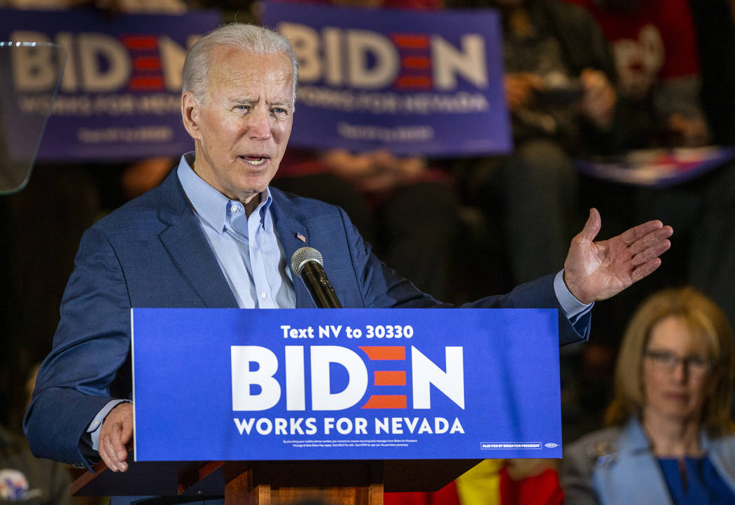 Former Vice President Joe Biden speaks during an early vote event at Sun City Macdonald Ranch o ...