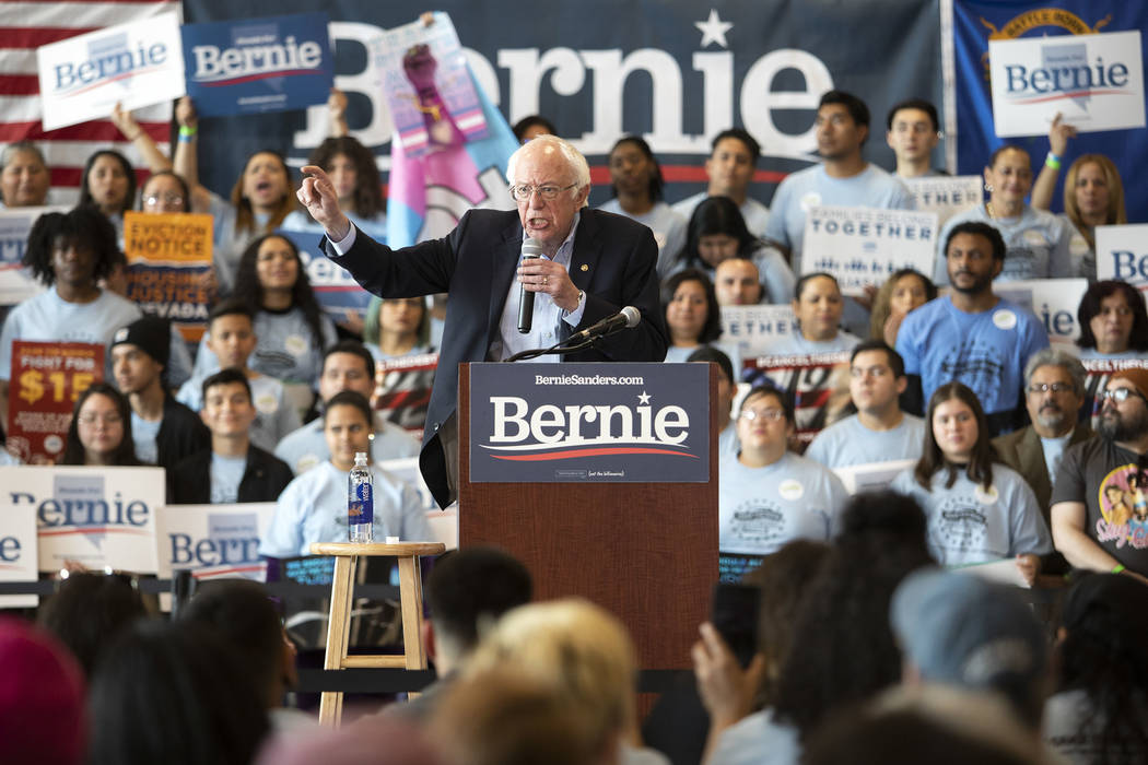 Sen. Bernie Sanders speaks during the Get Out the Early Vote Rally ahead of the Nevada caucus a ...