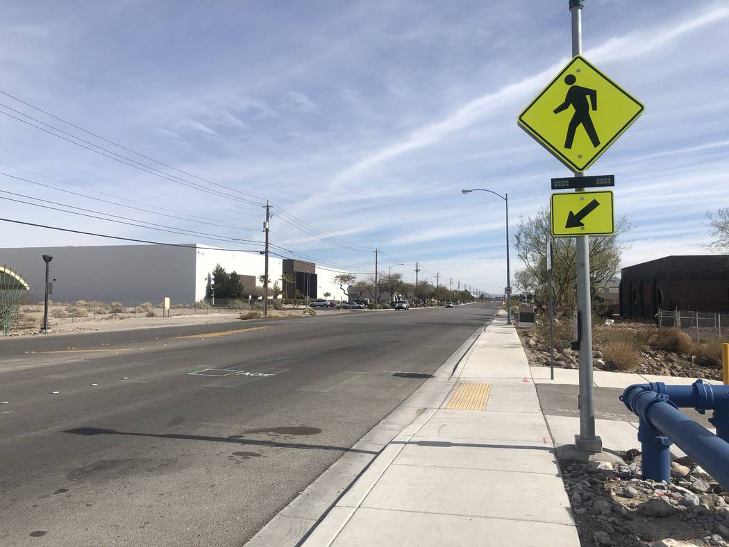 The crosswalk where two children were hit by a truck on Friday, Feb. 14, 2020. (Katelyn Newberg ...
