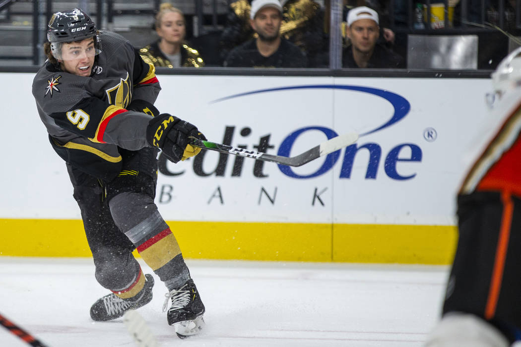 Vegas Golden Knights center Cody Glass (9) fires a shot a goal versus the Anaheim Ducks during ...