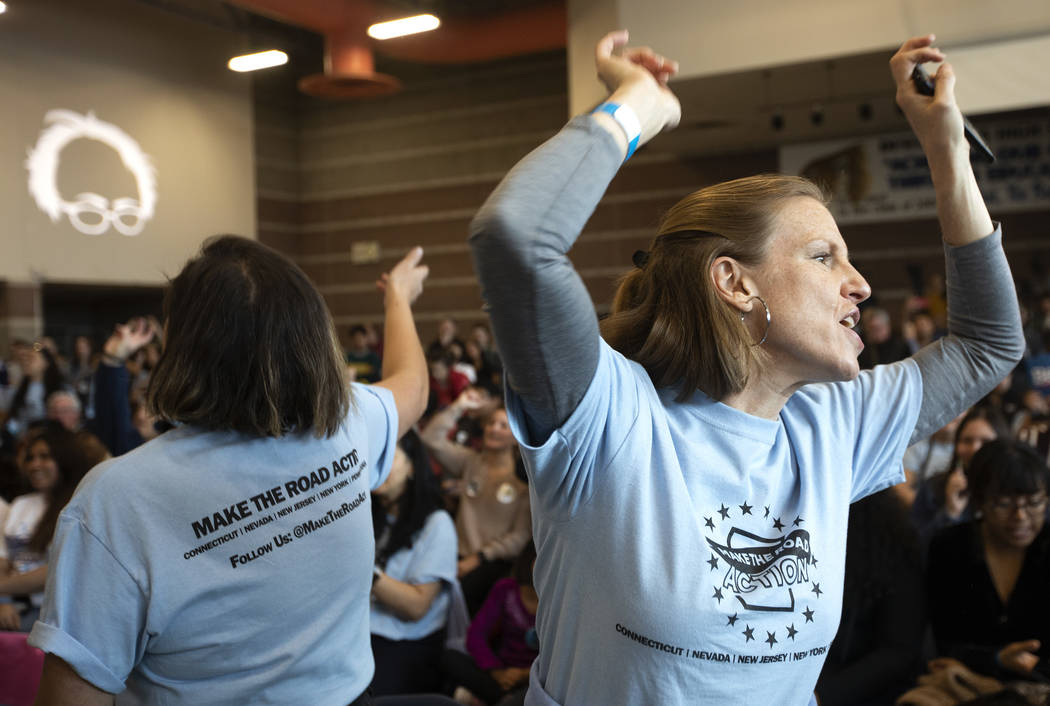 Deborah Axt, a member of Make the Road Nevada, leads chants before Sen. Bernie Sanders takes th ...