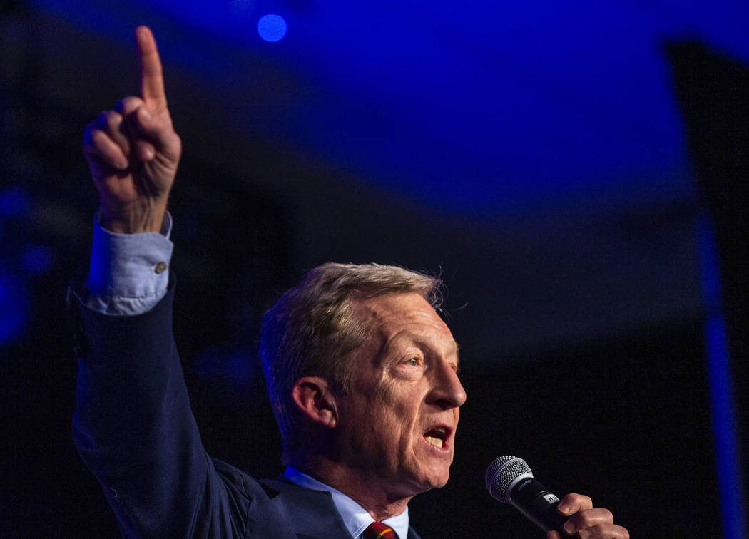 Businessman Tom Steyer talks about climate change during the Clark County Democrats Kick Off to ...