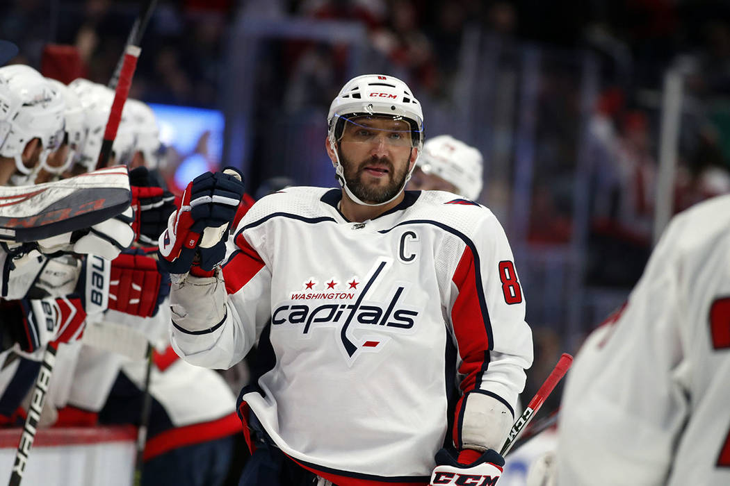Washington Capitals left wing Alex Ovechkin (8) in the third period of an NHL hockey game Thurs ...
