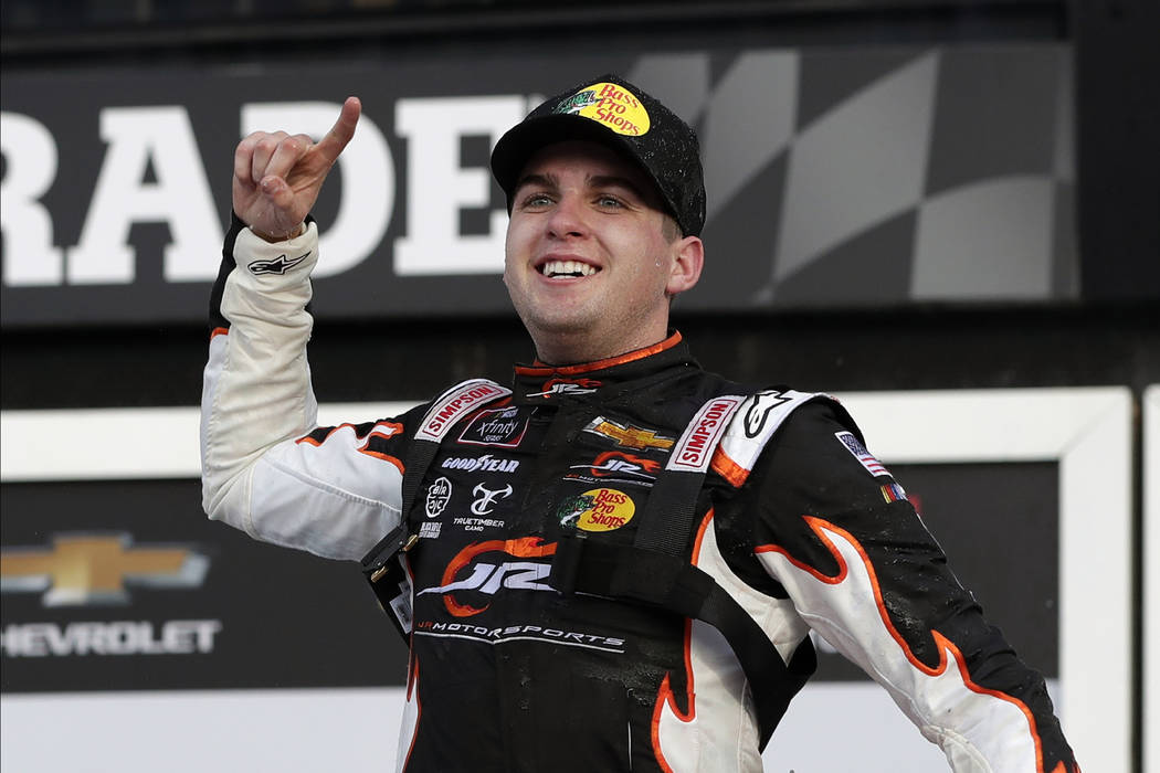 Noah Gragson celebrates in Victory Lane after winning the NASCAR Xfinity series auto race at Da ...