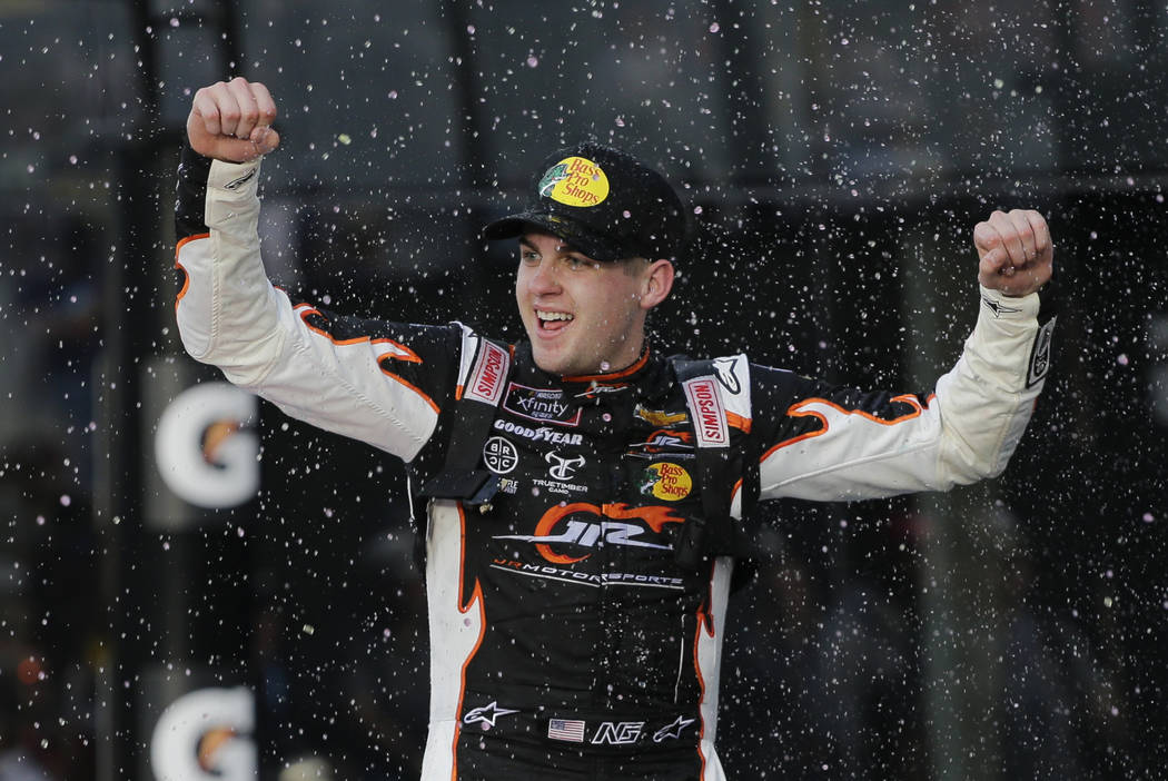 Noah Gragson celebrates in Victory Lane after winning the NASCAR Xfinity series auto race at Da ...