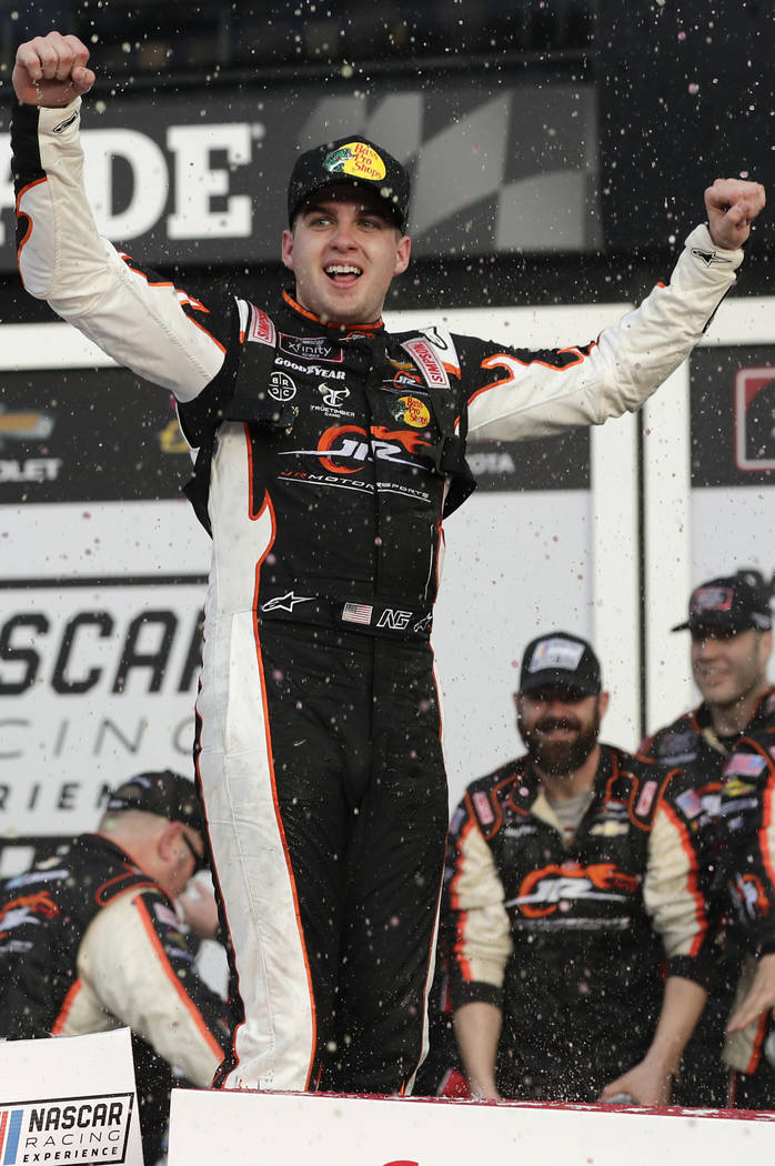 Noah Gragson celebrates in Victory Lane after winning the NASCAR Xfinity series auto race at Da ...