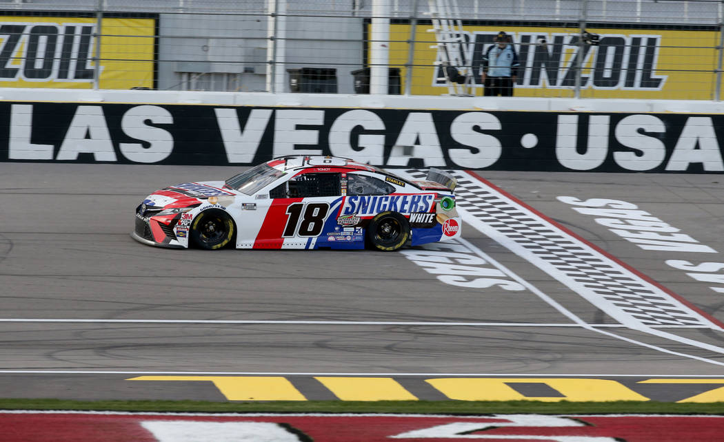 NASCAR Cup Series driver Kyle Busch (18) practices for SundayÕs Pennzoil 400 at Las Vegas Moto ...