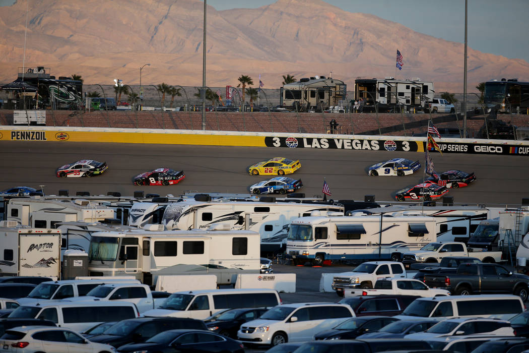 NASCAR Cup Series driver Joey Logano (22) and others practice for SundayÕs Pennzoil 400 at Las ...